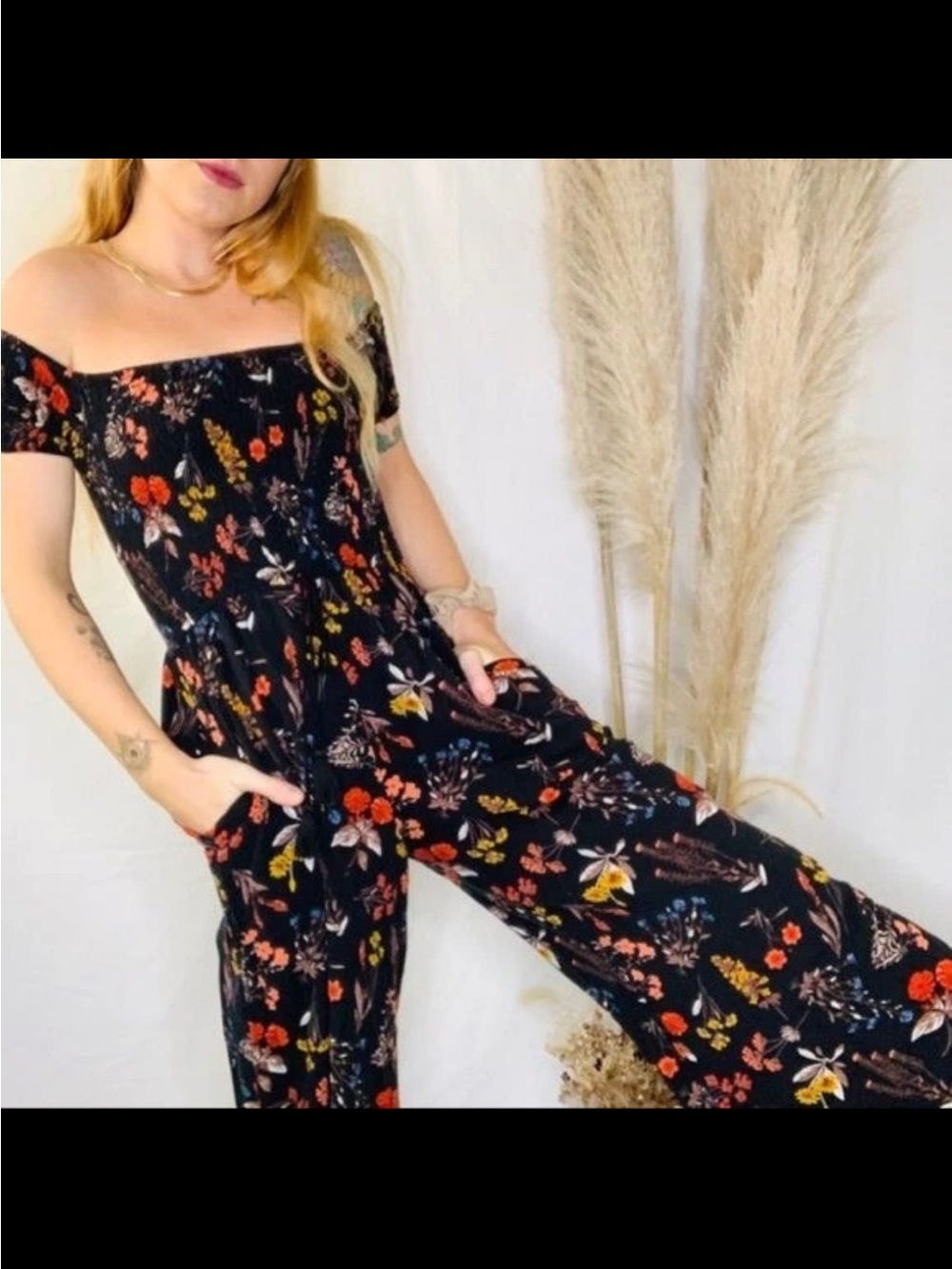 Band of Gypsies Black Floral Boho Wide Leg Jumpsuit With Pockets Size Medium